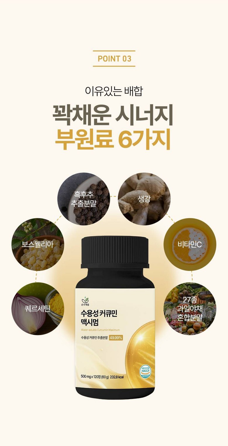 노란색 제형의 커큐민 정제 한 알을 손바닥 위에 올려 크기를 가늠해 보는 장면