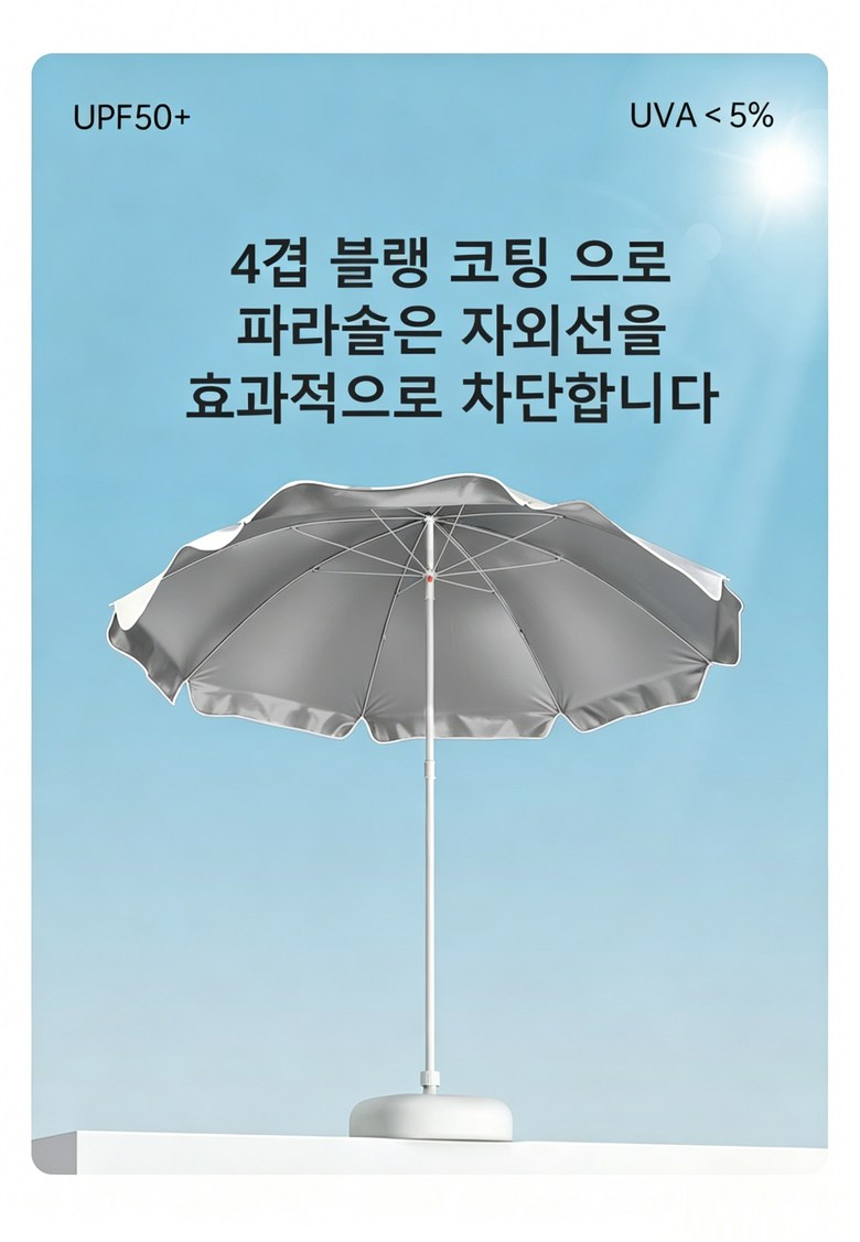 파라솔 안쪽의 번쩍이는 실버 코팅 원단을 근접 촬영하여 차단력을 보여주는 장면