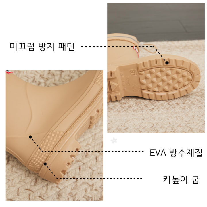 장화 바닥면의 촘촘한 미끄럼 방지 무늬를 가까이서 찍은 사진