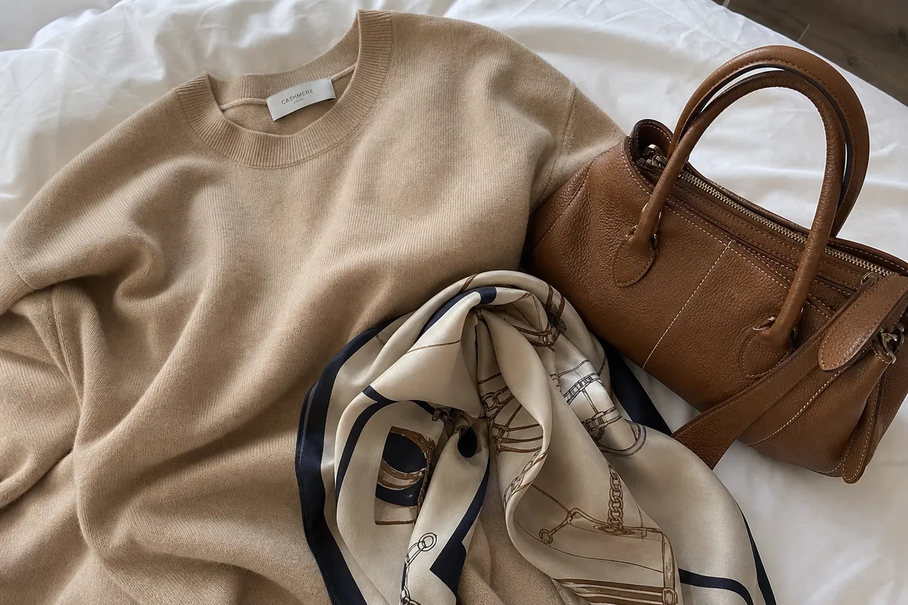A flat lay photograph of high-quality fashion items, a beige cashmere sweater, a silk scarf, and a brown leather bag, neutral color palette, soft natural daylight, minimalist aesthetic