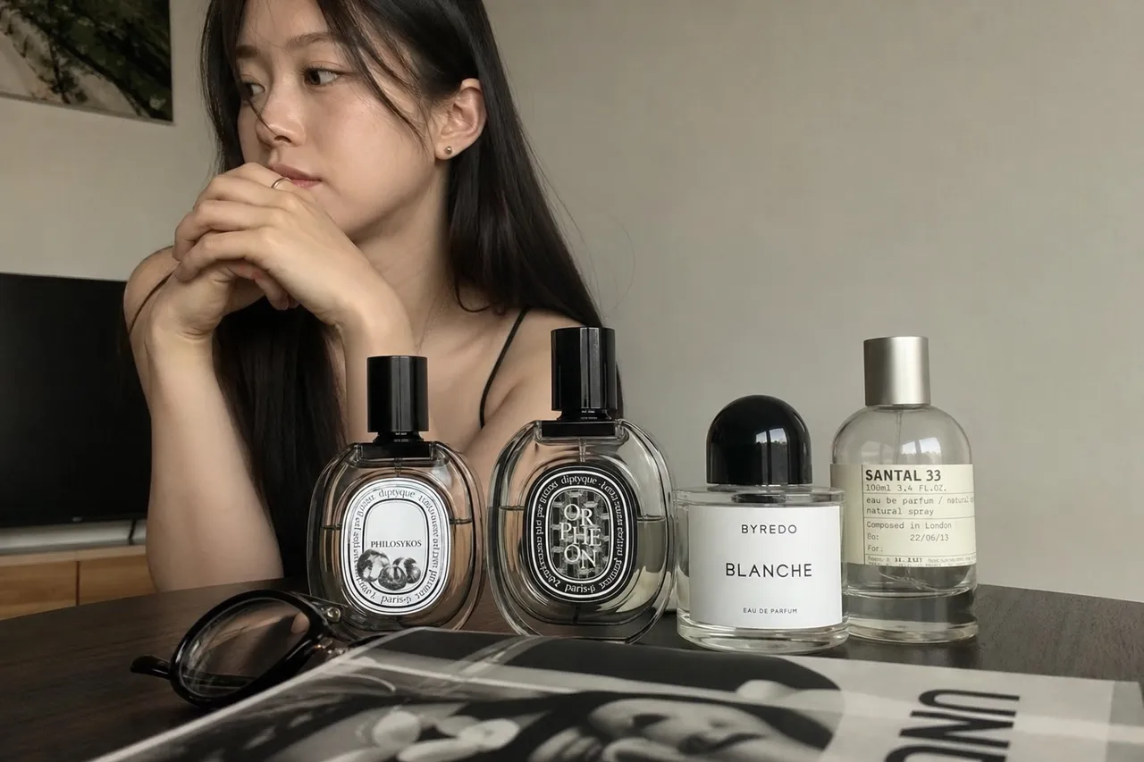 A moody and stylish photograph of several niche perfume bottles like Diptyque and Byredo on a dark wooden table next to a pair of glasses and a fashion magazine, soft cinematic lighting, high-end aesthetic