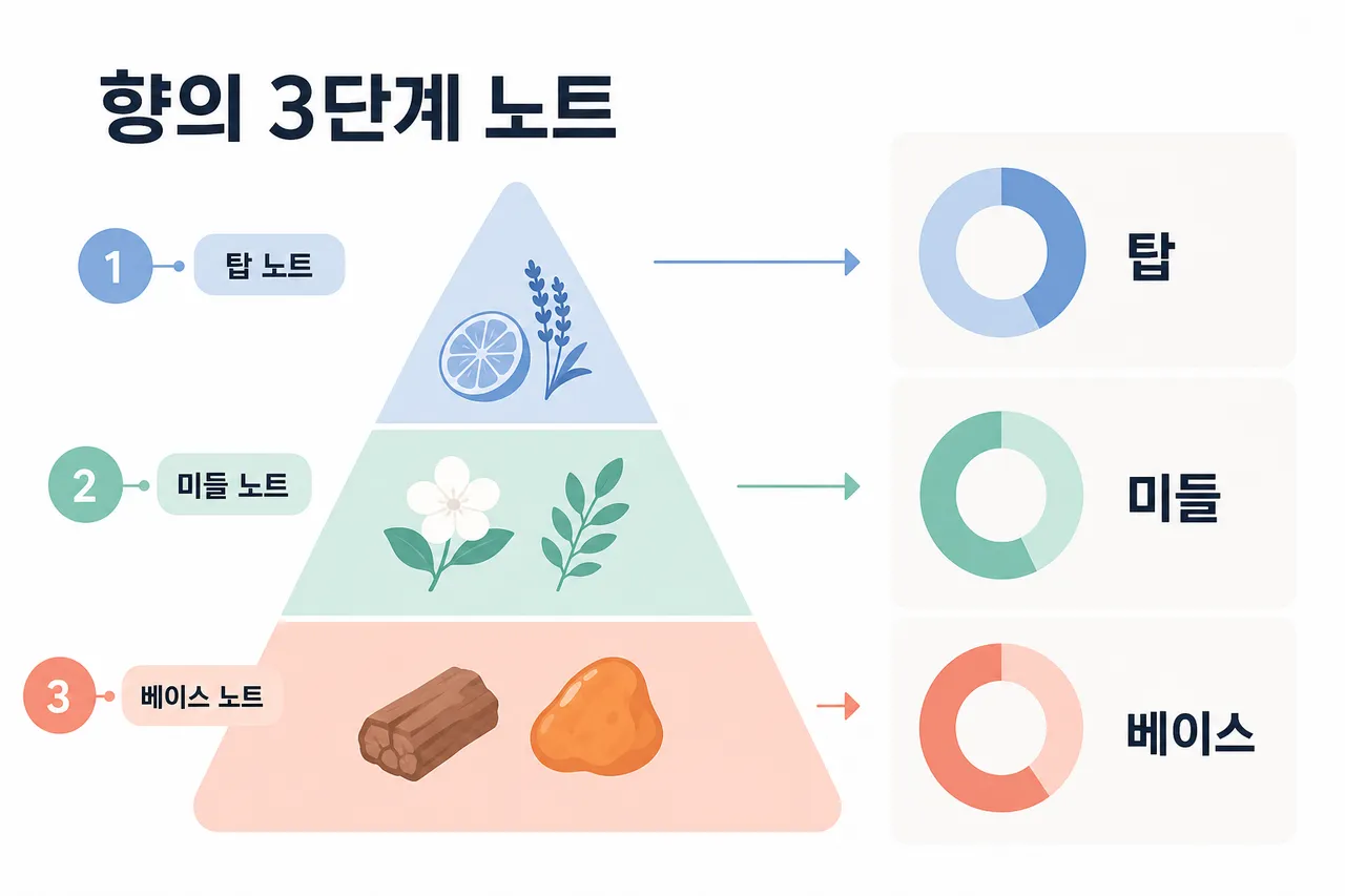 A minimalist infographic showing three layers of scent notes—top, middle, and base—with abstract shapes and soft colors, clean modern design, high resolution