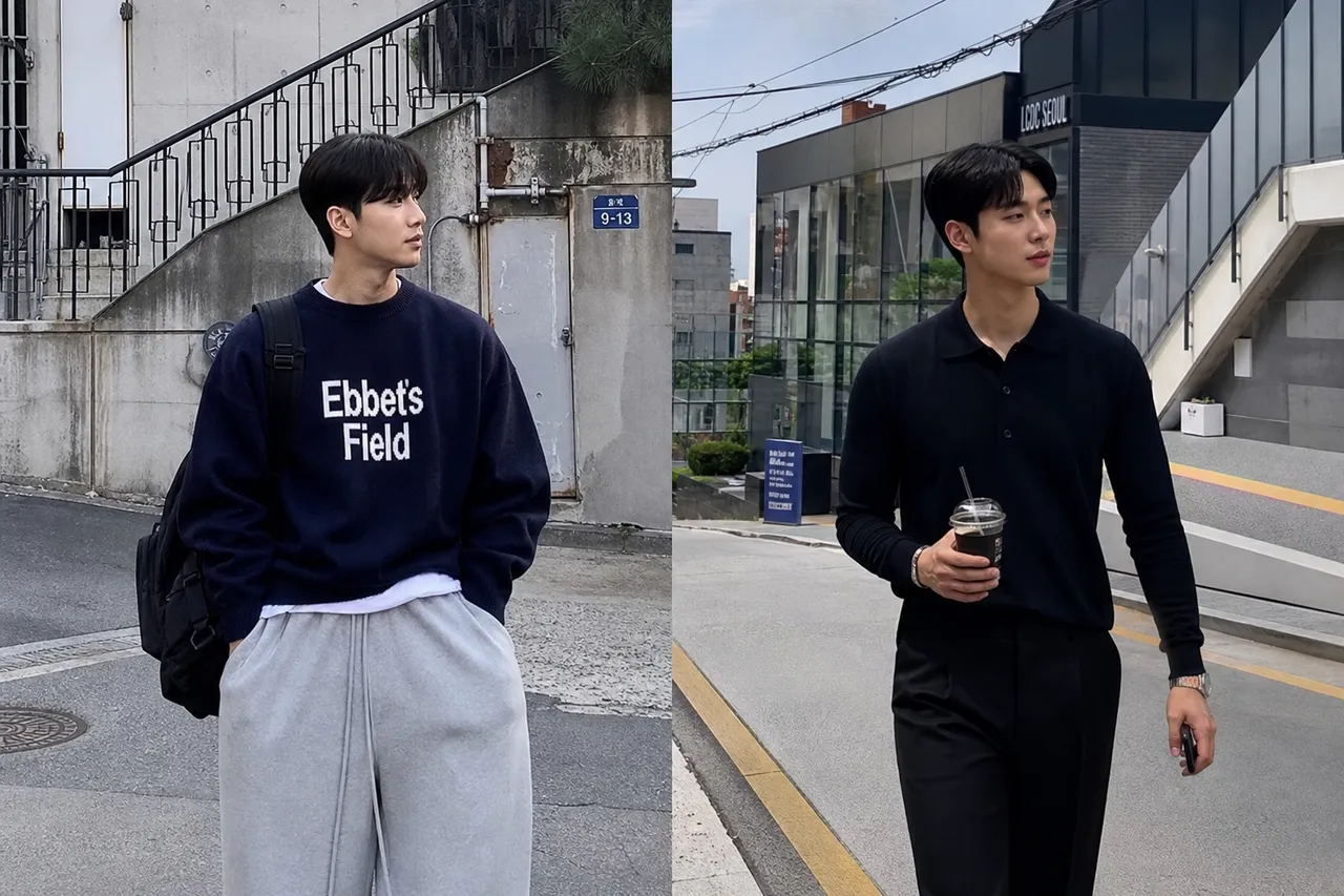 A split-screen photograph showing a slender Korean man in an oversized street look on the left and an athletic Korean man in a slim-fit minimal look on the right, urban background, fashion editorial style