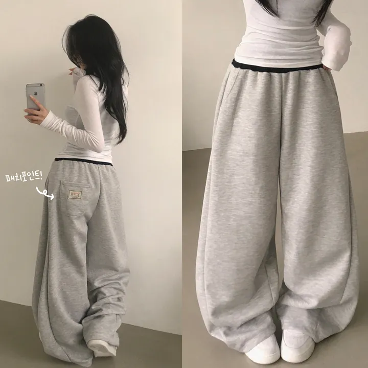 [패치포인트🏷️/사이드핀턱,허얇골넓핏!] 밴딩 배색 사이드 폴딩 핀턱 와이드 트레이닝 롱팬츠 (2color) 대표 이미지