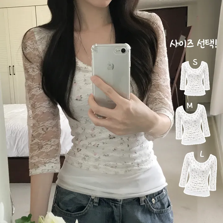 [최저가/청순여리/부분안감] 로즈 잔꽃 시스루 레이스 7부티셔츠 대표 이미지