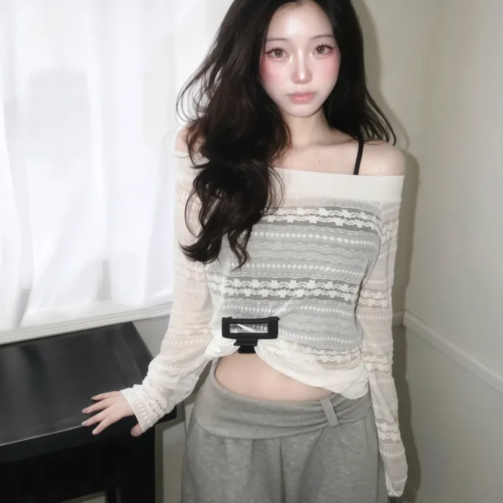 [🖤🤍] 까슬함X, 오프숄더 레이스 프릴 애겐 긴팔티셔츠 off shoulder tshirt -2col 대표 이미지