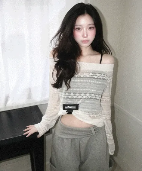 [🖤🤍] 까슬함X, 오프숄더 레이스 프릴 애겐 긴팔티셔츠 off shoulder tshirt -2col 추가 이미지 2