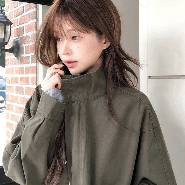 [가을][아방핏][핀터무드][UNISEX] 모모타 빈티지 하이넥 오버핏 투웨이 워싱 야상 하프 자켓, 점퍼 (3color) 대표 이미지