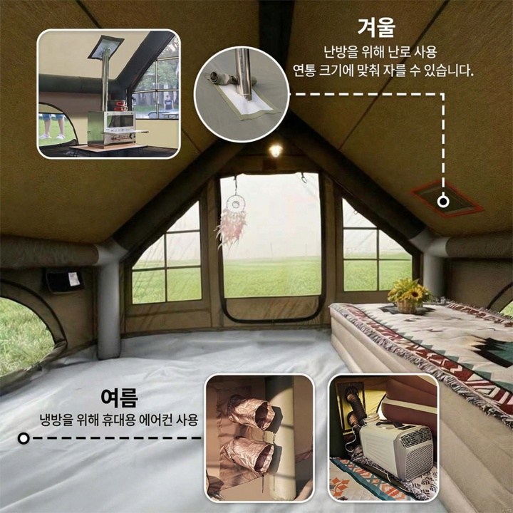 텐트 내부에 성인용 자충 매트 3개를 깔고도 옆으로 짐 놓을 자리가 넉넉하게 남은 모습