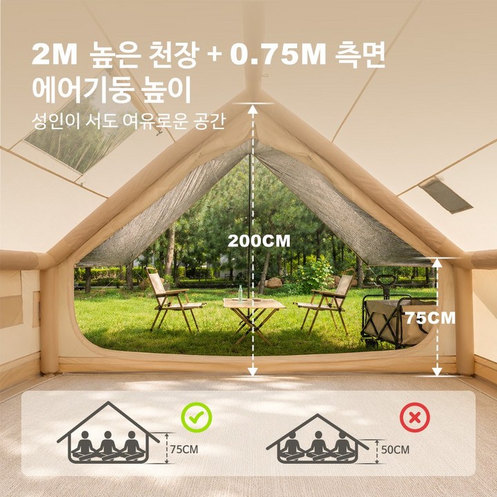 텐트 모서리에 있는 에어 주입구와 튼튼한 마감 처리를 클로즈업한 사진